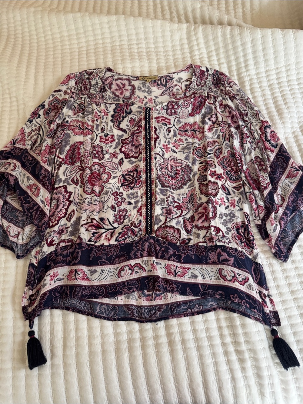 Democracy Floral Tassel Peasant Top - Pink & Navy